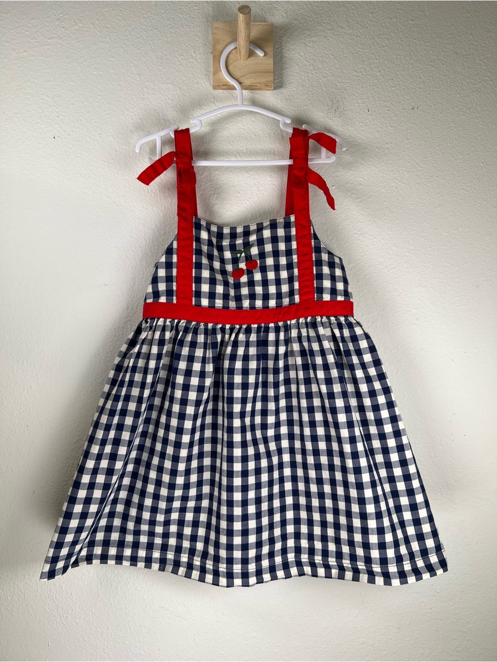Hanna Andersson Navy and White Gingham Cherry Sundress with Red Trim 3T/90